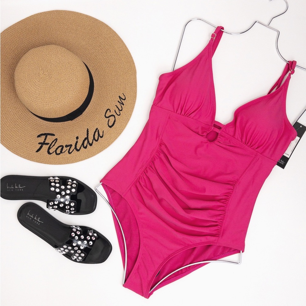 Nicole Miller • Gathered with Deep-V Keyhole Neckline One piece Swimsuit